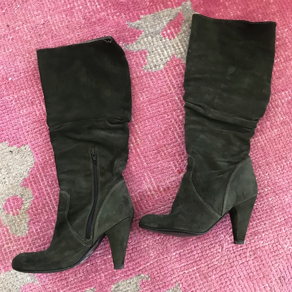 Knee high heeled hunter green suede boots